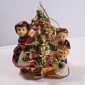 Charming Family decorating tree Blown Glass Christmas Ornament in Jewel Tones